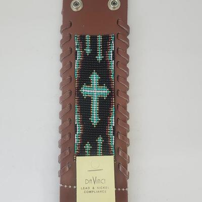 Da Vinci Beaded Leather Cuff Bracelet Cross Motif Southwestern Style Lead and Nickel Compliance