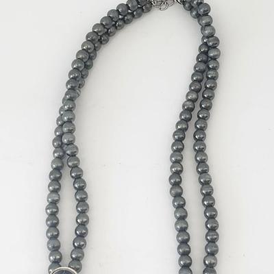 Double Strand Gray Beaded Necklace With Crescent Shaped Stone Cluster Pendant
