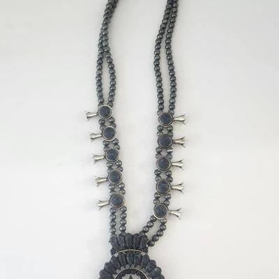 Double Strand Gray Beaded Necklace With Crescent Shaped Stone Cluster Pendant
