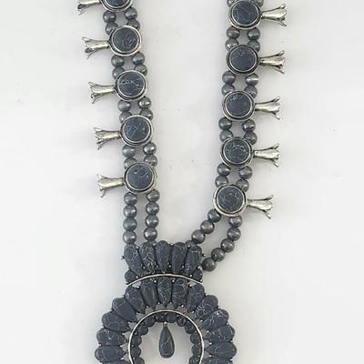 Double Strand Gray Beaded Necklace With Crescent Shaped Stone Cluster Pendant