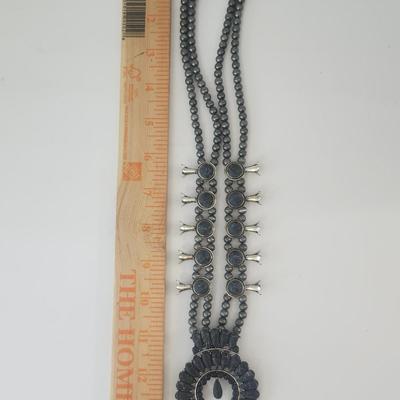 Double Strand Gray Beaded Necklace With Crescent Shaped Stone Cluster Pendant