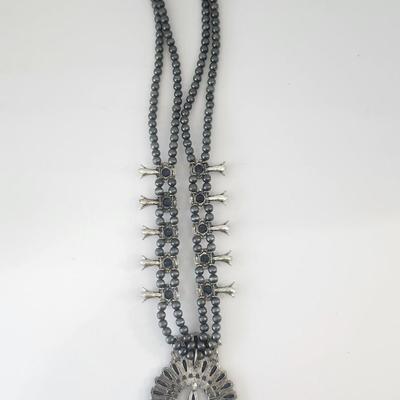 Double Strand Gray Beaded Necklace With Crescent Shaped Stone Cluster Pendant
