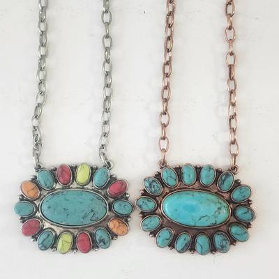 Set of Two Oval Stone Pendant Necklaces With Mixed Color Cabochons