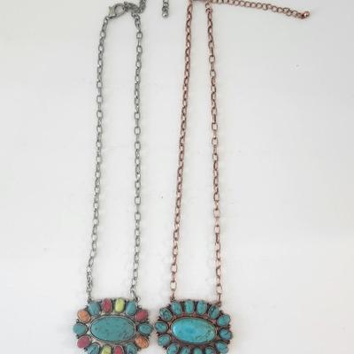 Set of Two Oval Stone Pendant Necklaces With Mixed Color Cabochons