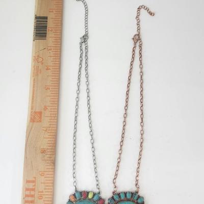 Set of Two Oval Stone Pendant Necklaces With Mixed Color Cabochons