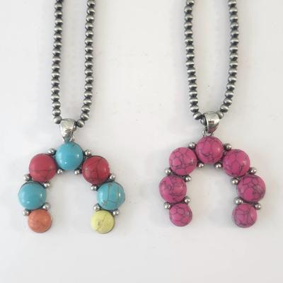 Set of Two Beaded Horseshoe Pendant Necklaces Silver Tone Chain Pink and Multicolor Stone Beads