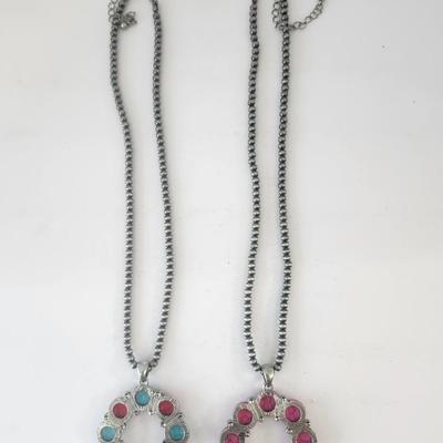 Set of Two Beaded Horseshoe Pendant Necklaces Silver Tone Chain Pink and Multicolor Stone Beads