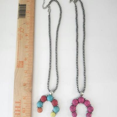 Set of Two Beaded Horseshoe Pendant Necklaces Silver Tone Chain Pink and Multicolor Stone Beads