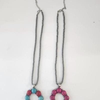 Set of Two Beaded Horseshoe Pendant Necklaces Silver Tone Chain Pink and Multicolor Stone Beads