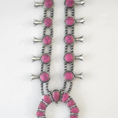 Pink Stone Crescent Pendant Double Strand Beaded Necklace Silver Tone Southwestern Style Statement