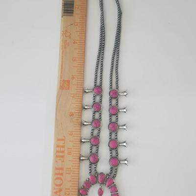 Pink Stone Crescent Pendant Double Strand Beaded Necklace Silver Tone Southwestern Style Statement