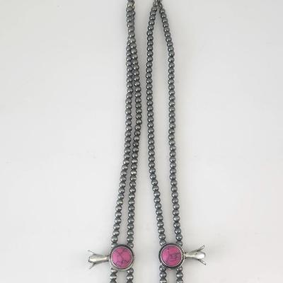 Pink Stone Crescent Pendant Double Strand Beaded Necklace Silver Tone Southwestern Style Statement