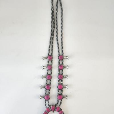 Pink Stone Crescent Pendant Double Strand Beaded Necklace Silver Tone Southwestern Style Statement