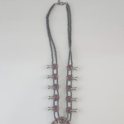 Pink Stone Crescent Pendant Double Strand Beaded Necklace Silver Tone Southwestern Style Statement