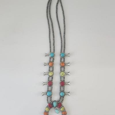 Multicolor Stone Crescent Pendant Double Strand Beaded Necklace Silver Tone Southwestern Style