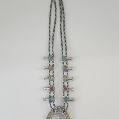 Multicolor Stone Crescent Pendant Double Strand Beaded Necklace Silver Tone Southwestern Style