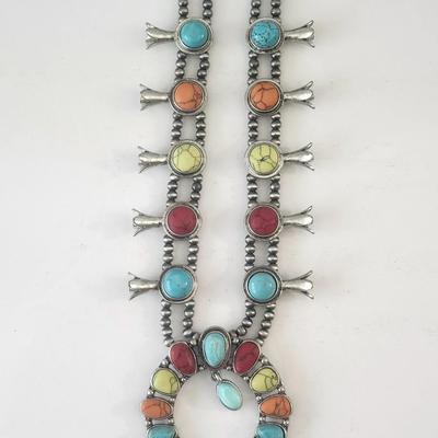 Multicolor Stone Crescent Pendant Double Strand Beaded Necklace Silver Tone Southwestern Style