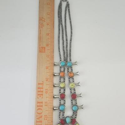 Multicolor Stone Crescent Pendant Double Strand Beaded Necklace Silver Tone Southwestern Style