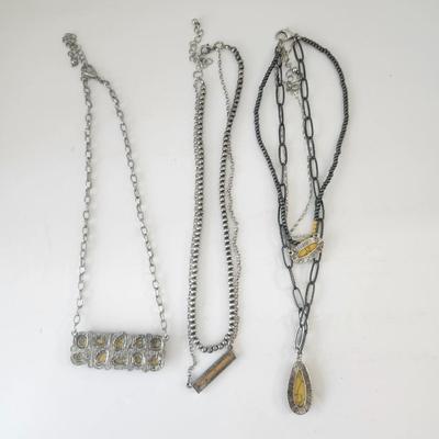 Yellow Stone Pendant Necklace Trio Silver Tone Mixed Chain Styles Boho Southwestern Look