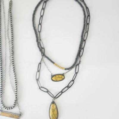 Yellow Stone Pendant Necklace Trio Silver Tone Mixed Chain Styles Boho Southwestern Look