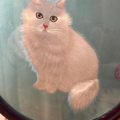 Wall clock, Asian silk embroidery Cat picture