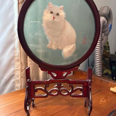 Wall clock, Asian silk embroidery Cat picture