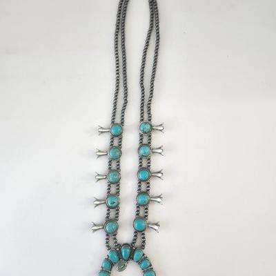 Turquoise Tone Crescent Pendant Double Strand Beaded Necklace Silver Tone Southwestern Style