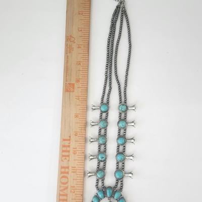 Turquoise Tone Crescent Pendant Double Strand Beaded Necklace Silver Tone Southwestern Style
