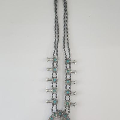 Turquoise Tone Crescent Pendant Double Strand Beaded Necklace Silver Tone Southwestern Style