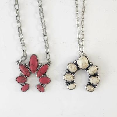 Two Crescent Pendant Necklaces Red and Cream Stone Silver Tone Chain Lot