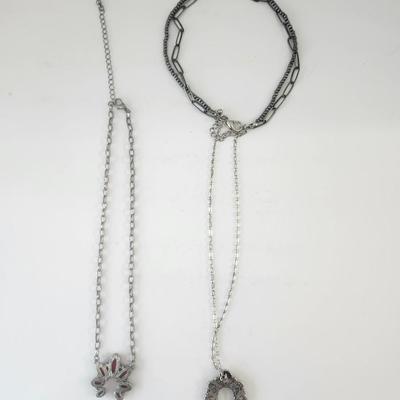 Two Crescent Pendant Necklaces Red and Cream Stone Silver Tone Chain Lot