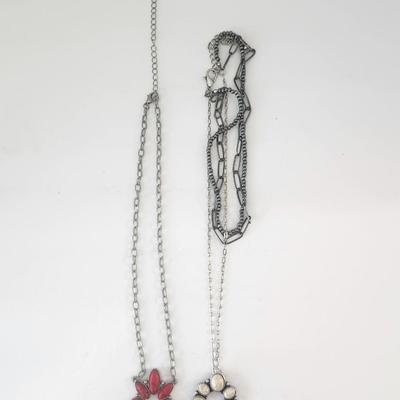 Two Crescent Pendant Necklaces Red and Cream Stone Silver Tone Chain Lot