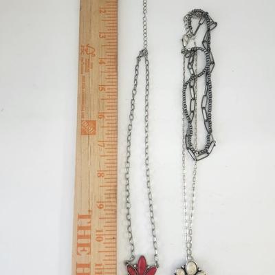Two Crescent Pendant Necklaces Red and Cream Stone Silver Tone Chain Lot