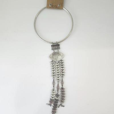 Wild Flower Silver Tone Torque Necklace With Dangling Fringe Pendant