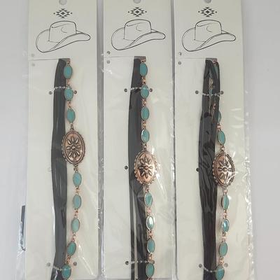 Lot of 3 Western Style Hat Bands Black Strap With Turquoise Tone Oval Accents Rose Gold Tone Concho