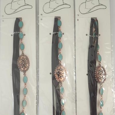 Lot of 3 Western Style Hat Bands Black Strap With Turquoise Tone Oval Accents Rose Gold Tone Concho