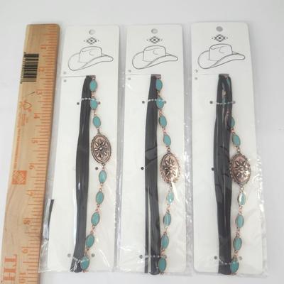 Lot of 3 Western Style Hat Bands Black Strap With Turquoise Tone Oval Accents Rose Gold Tone Concho