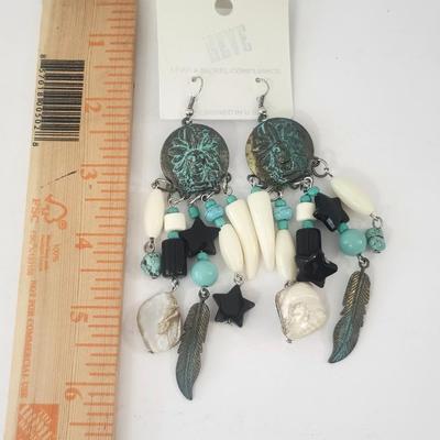 REVE Western Style Dangling Bead Earrings Patina Medallion Turquoise Tone Black Ivory Accents