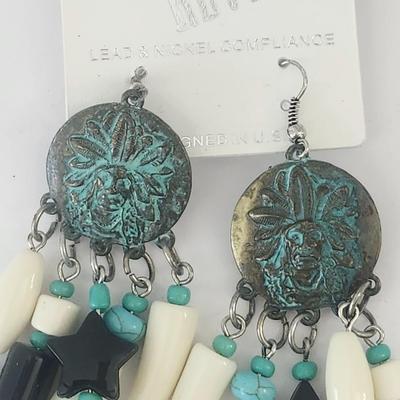 REVE Western Style Dangling Bead Earrings Patina Medallion Turquoise Tone Black Ivory Accents