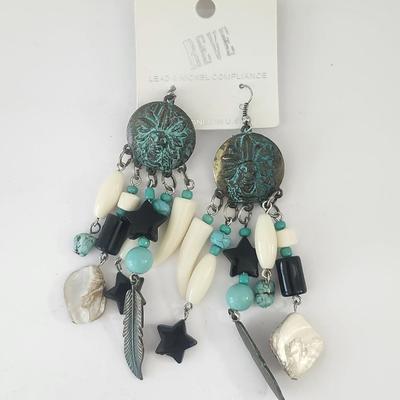 REVE Western Style Dangling Bead Earrings Patina Medallion Turquoise Tone Black Ivory Accents