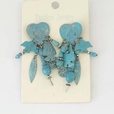 Turquoise Blue Western Style Dangling Charm Earrings Hearts Birds Feathers Beads