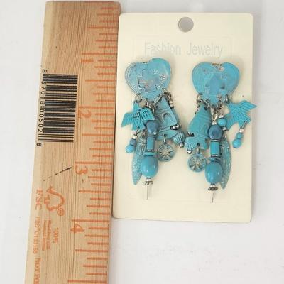 Turquoise Blue Western Style Dangling Charm Earrings Hearts Birds Feathers Beads