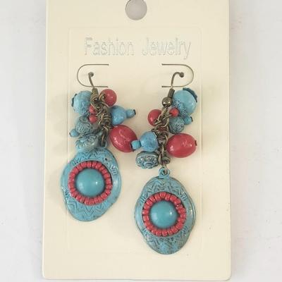 Turquoise Blue and Coral Tone Beaded Drop Earrings With Textured Medallion Charms