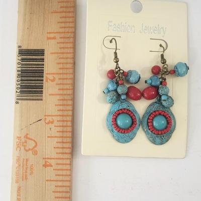 Turquoise Blue and Coral Tone Beaded Drop Earrings With Textured Medallion Charms