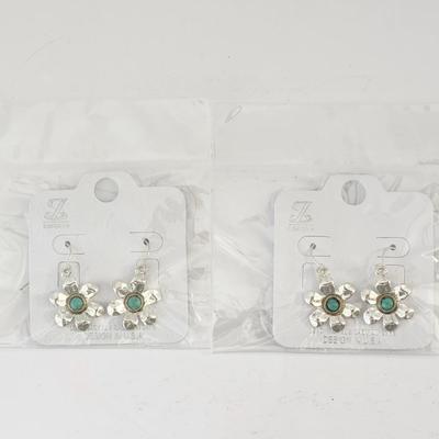 Silver Tone Flower Drop Earrings With Turquoise Color Center JZ Designs Set of Two Pairs