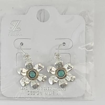 Silver Tone Flower Drop Earrings With Turquoise Color Center JZ Designs Set of Two Pairs