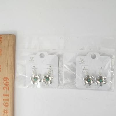 Silver Tone Flower Drop Earrings With Turquoise Color Center JZ Designs Set of Two Pairs
