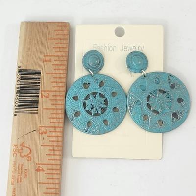 Turquoise Blue Embossed Disc Drop Earrings With Cutout Medallion Design