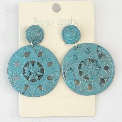 Turquoise Blue Embossed Disc Drop Earrings With Cutout Medallion Design