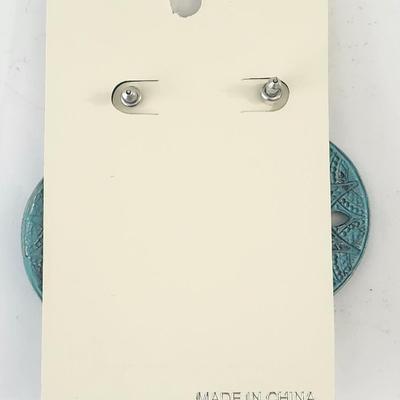 Turquoise Blue Embossed Disc Drop Earrings With Cutout Medallion Design